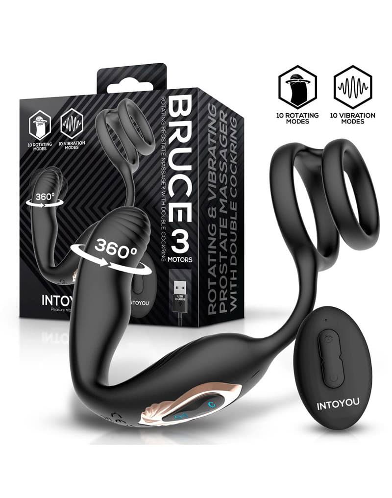 IY - Bruce - Prostaatmassager 360° met dubbele penisringvibratie - Zwart 1