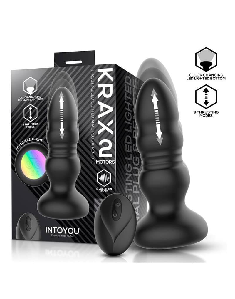IY - Krax - Buttplug met vibratie, stootbeweging, LED-licht en afstandsbediening - Zwart 1