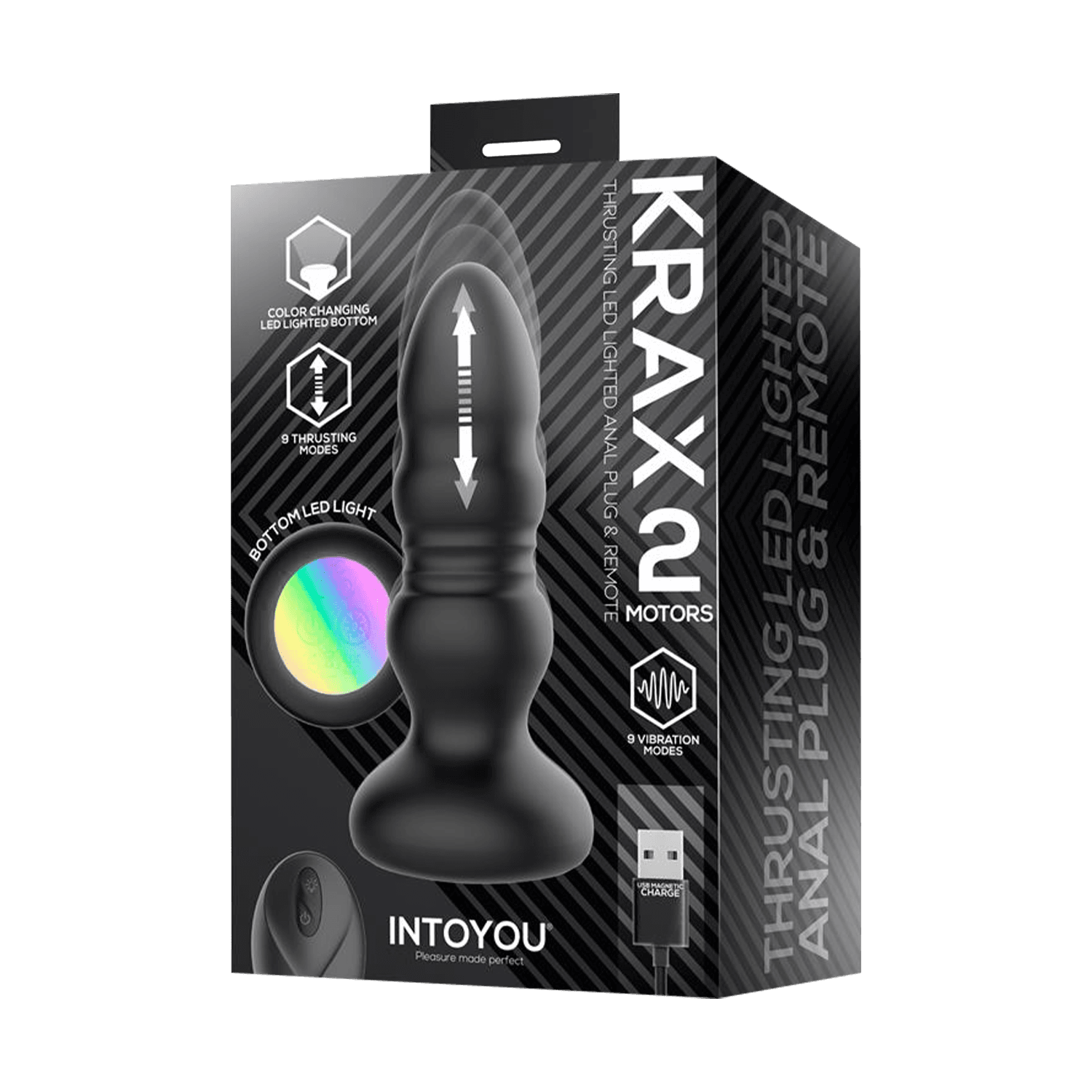 IY - Krax - Buttplug met vibratie, stootbeweging, LED-licht en afstandsbediening - Zwart 7