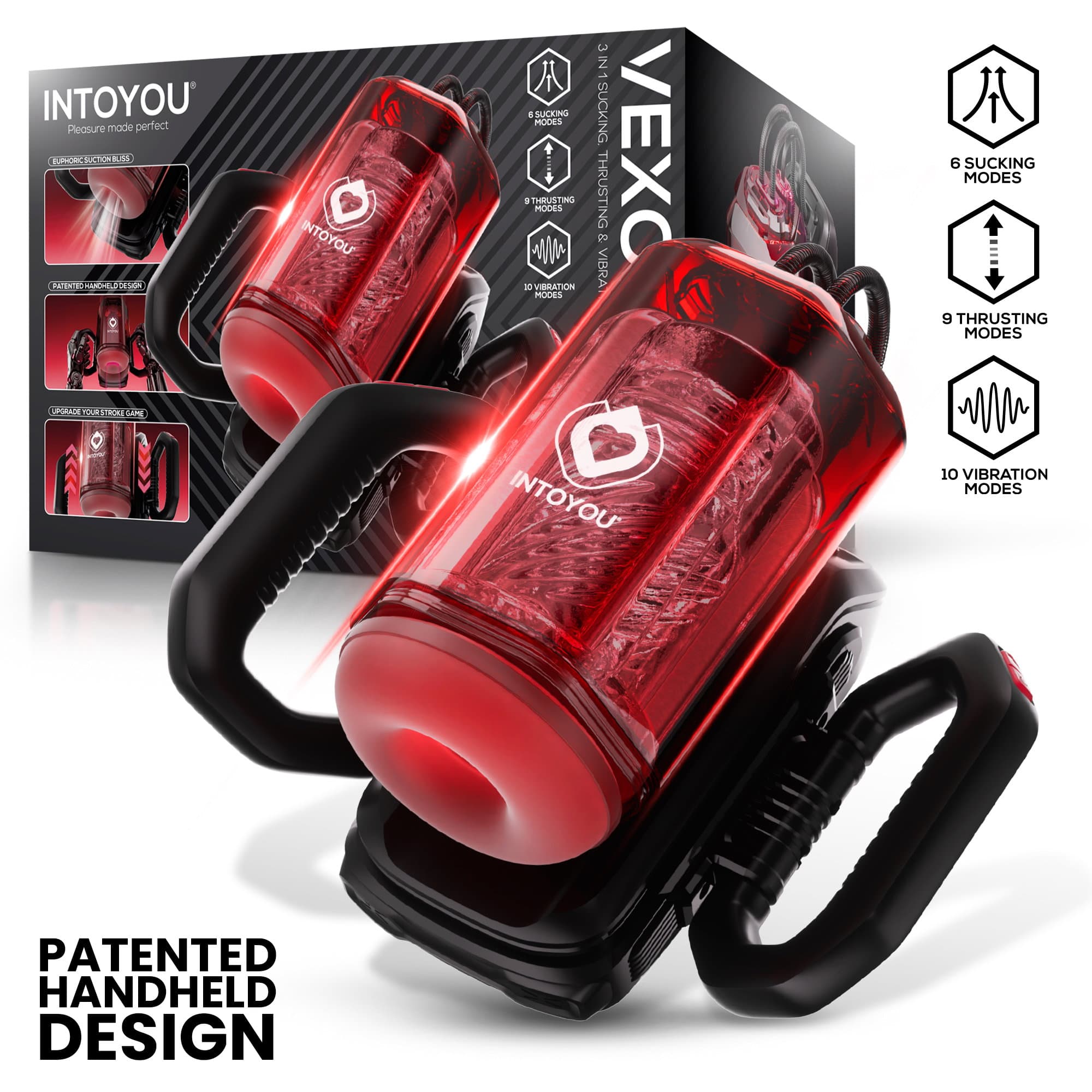 IY - Vexor - 3-in-1 masturbator voor mannen: zuig-, stoot- en vibratiefunctie - Zwart/Rood 3