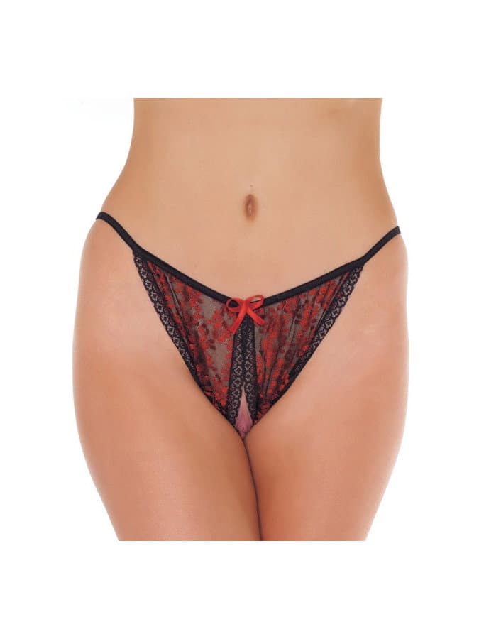 Amorable by Rimba - Open Tanga - One Size - Zwart / Rood 1
