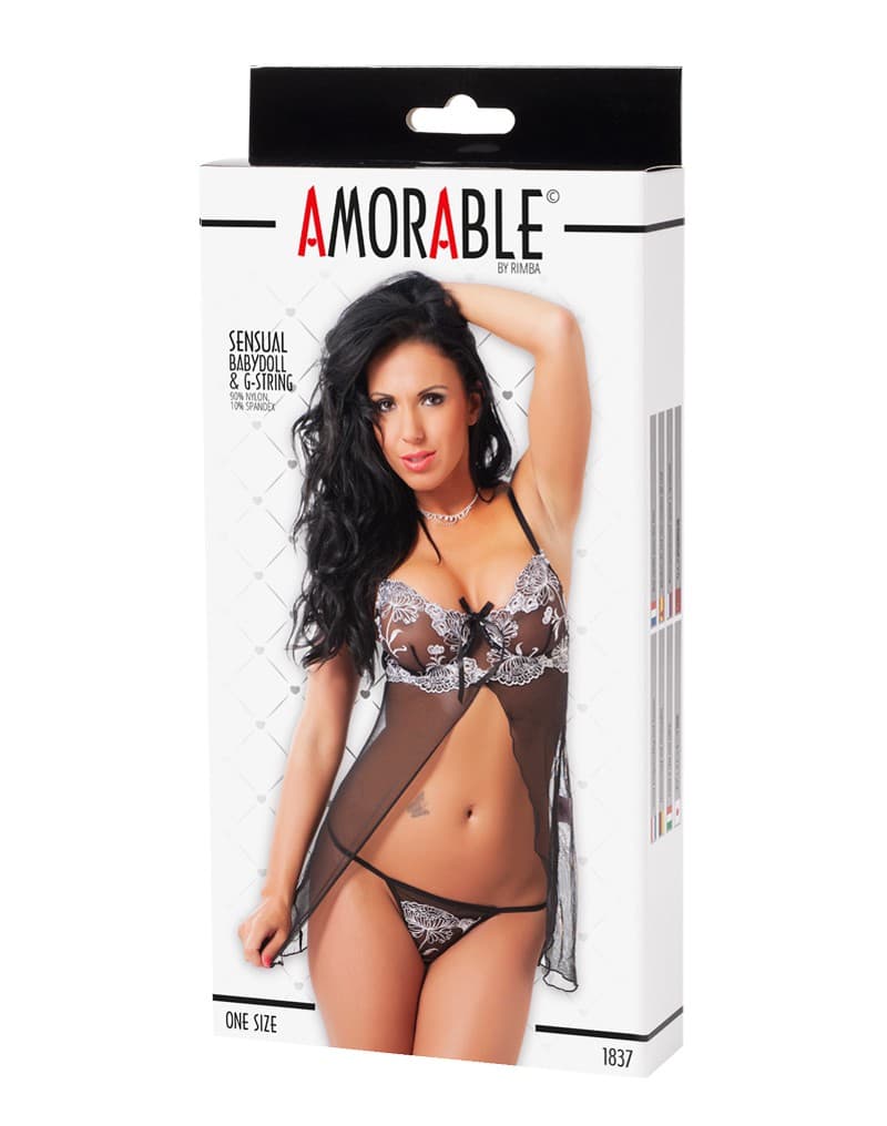 Amorable by Rimba - Babydoll met G-string - One size - Zwart / Wit 2