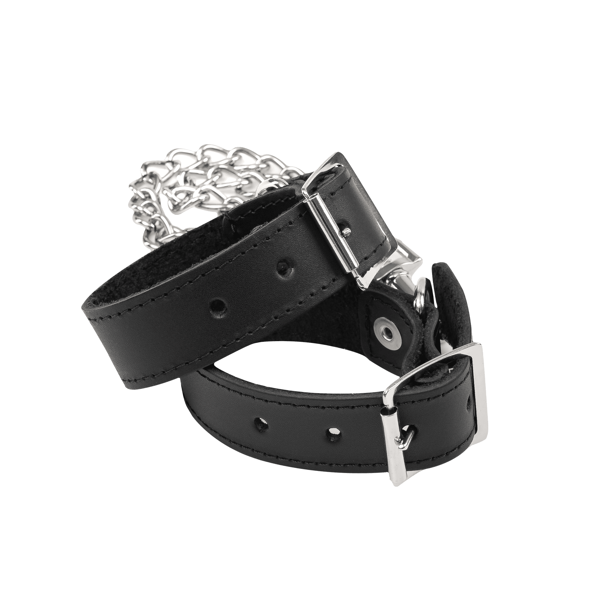 Rimba Bondage Play - Lederen Handboeien met Afneembare Ketting - Zwart & Zilver 7