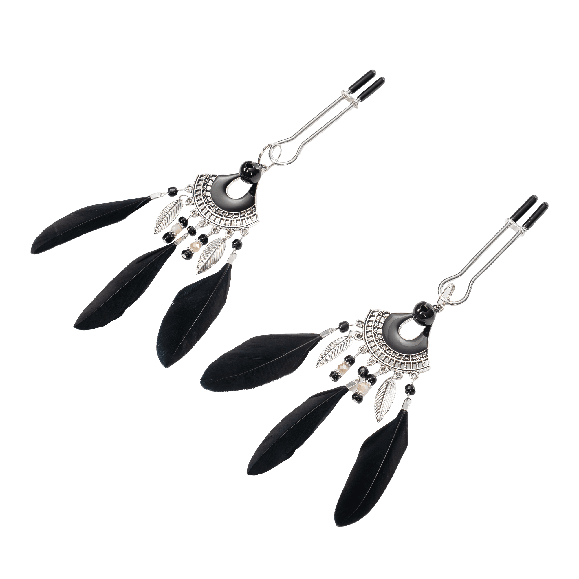 Rimba Bondage Play - Tepelklemmen met veren - Zwart & Zilver 3