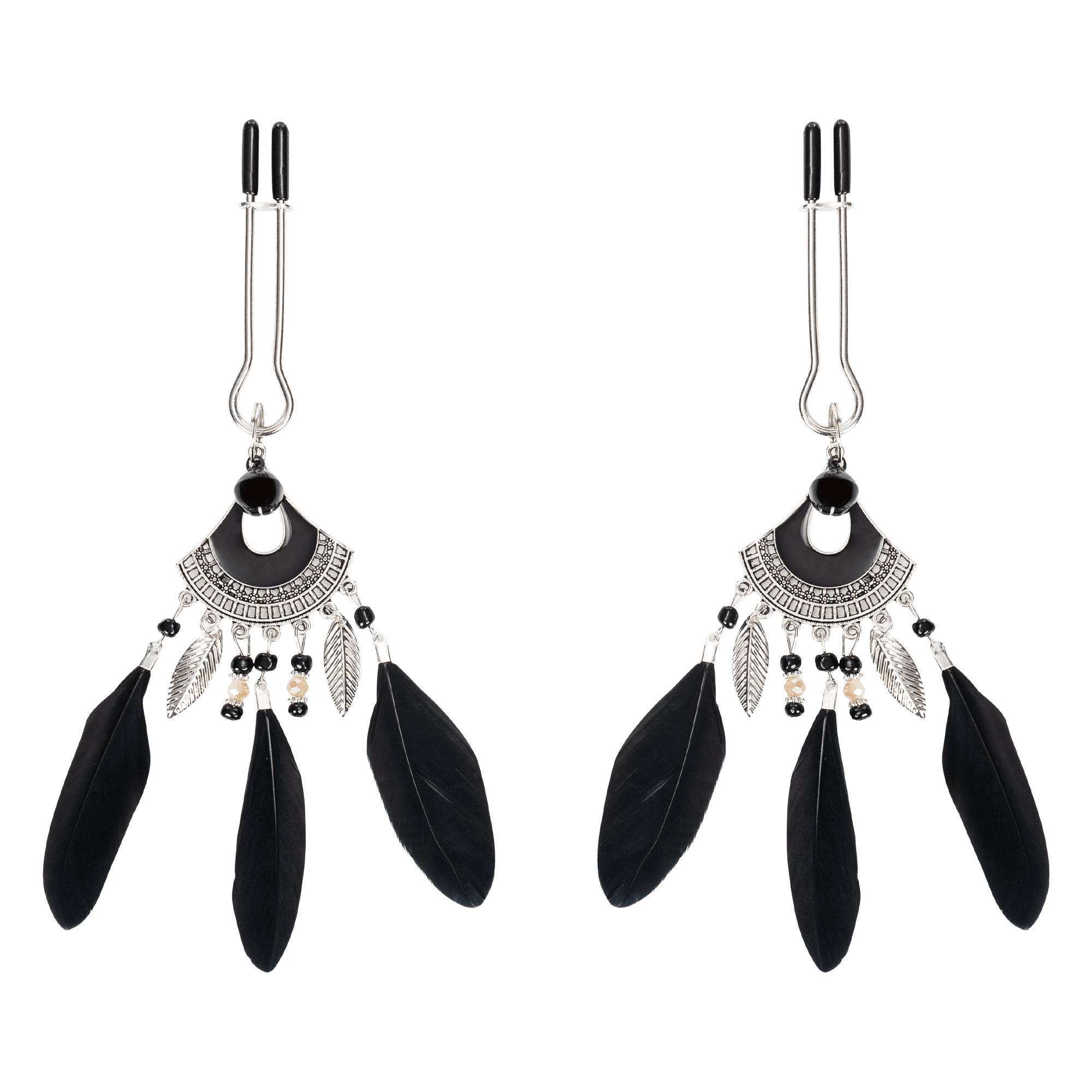 Rimba Bondage Play - Tepelklemmen met veren - Zwart & Zilver 5